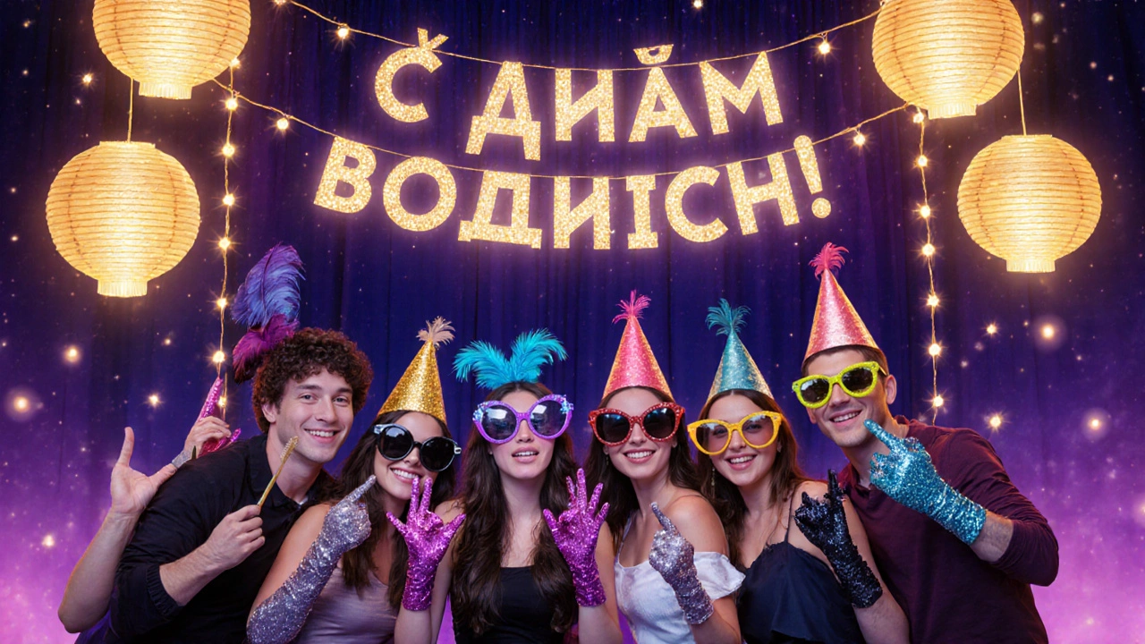 Яркая фотозона с гирляндой из бумажных фонариков, блестящим баннером и гостями в веселых аксессуарах.