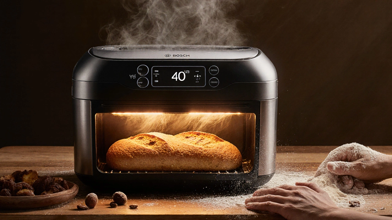 Bosch bread machine baking a golden loaf with steam rising and fruit being added automatically.