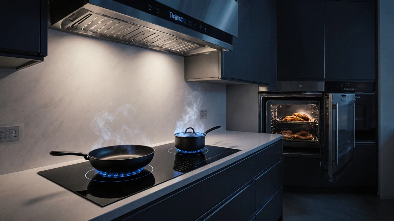 Пользователь готовит на варочной панели Thermador Flex Duo, открытая духовка Steam Convection
