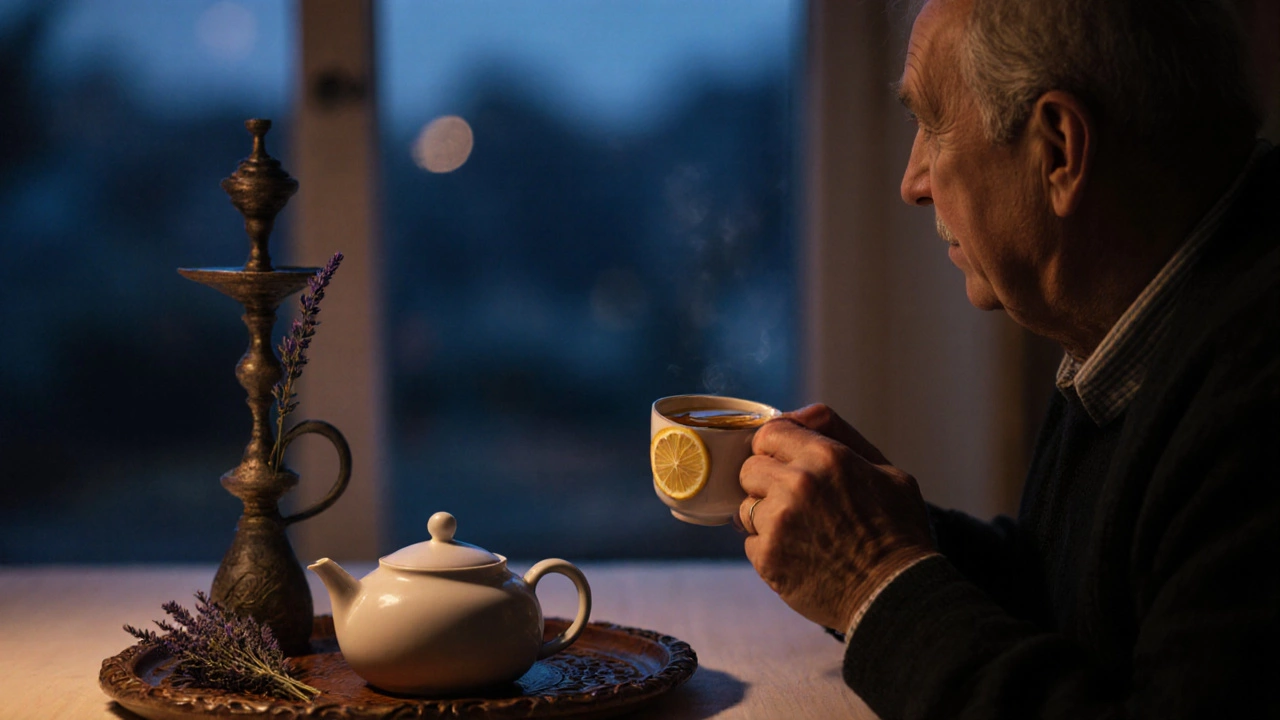 Пожилой мужчина держит чашку чая у окна, рядом — самовар и букет лаванды в тихом вечернем свете.