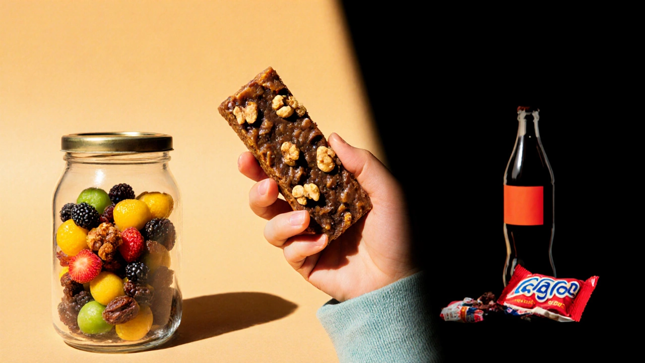 Ребёнок держит домашний энергетический батончик рядом с фруктами, тень магазинных сладостей позади.