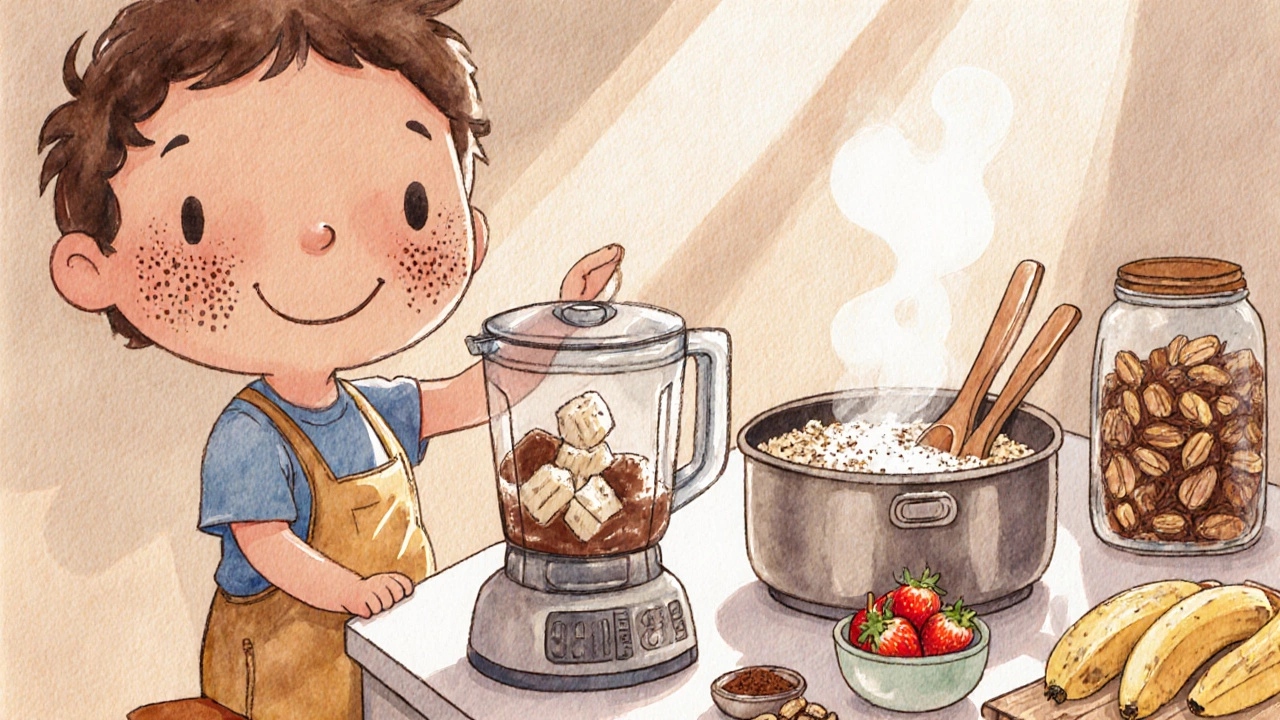 Ребёнок готовит мороженое из замороженных бананов на кухне.