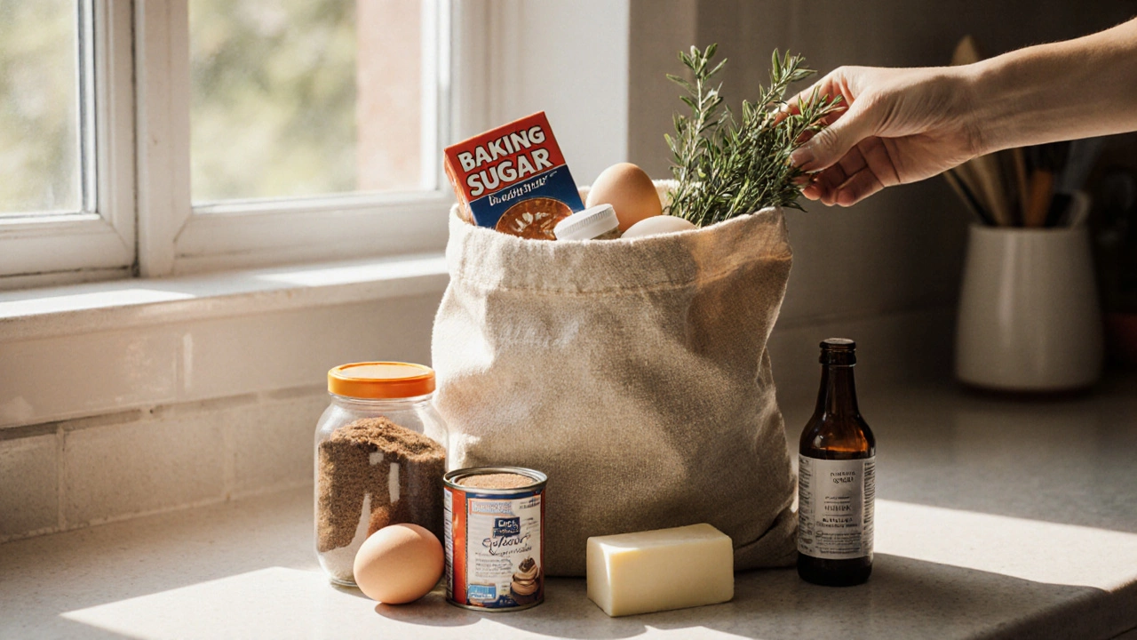 Сумка с продуктами для выпечки, рассыпанные на кухонном столе в тёплом освещении.