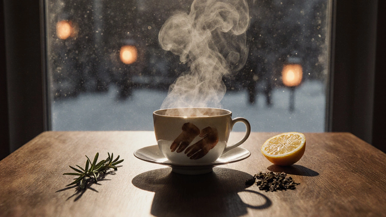 Чашка чая с паром, напоминающим поклон, и следы пальцев на деревянном столе.