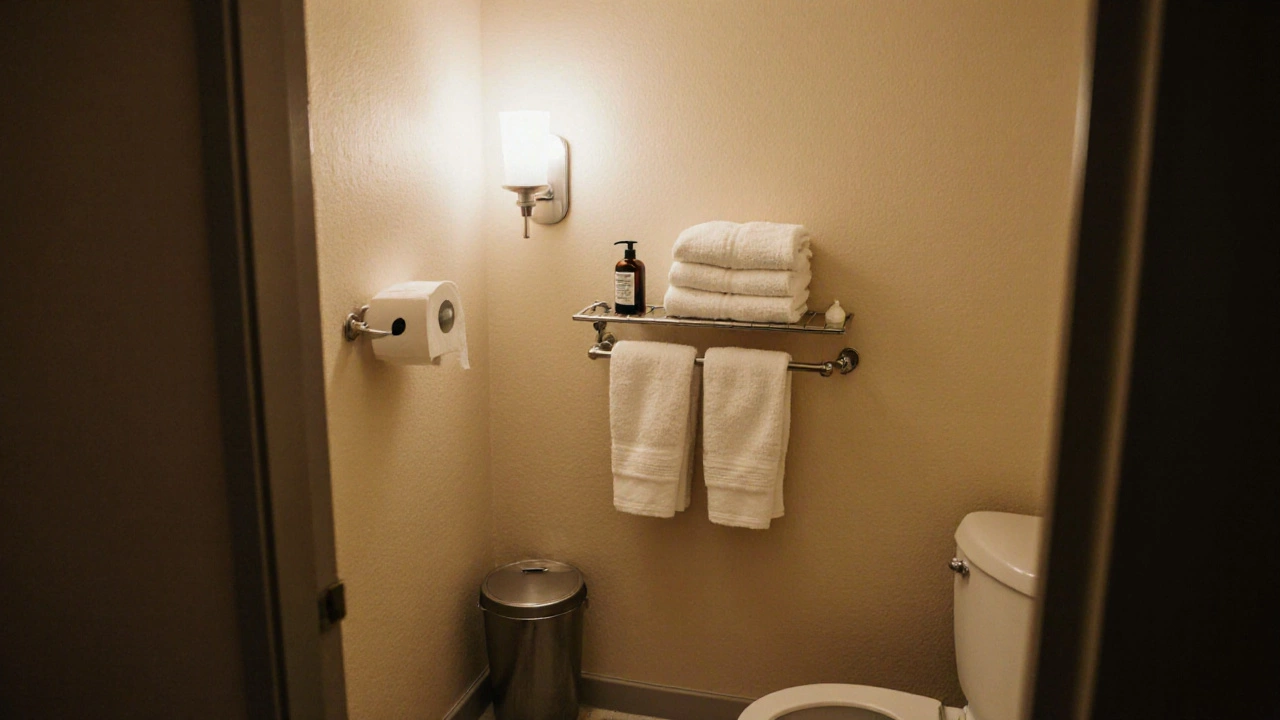 Чистая ванная с аккуратно сложенными полотенцами и двумя рулонами бумаги.