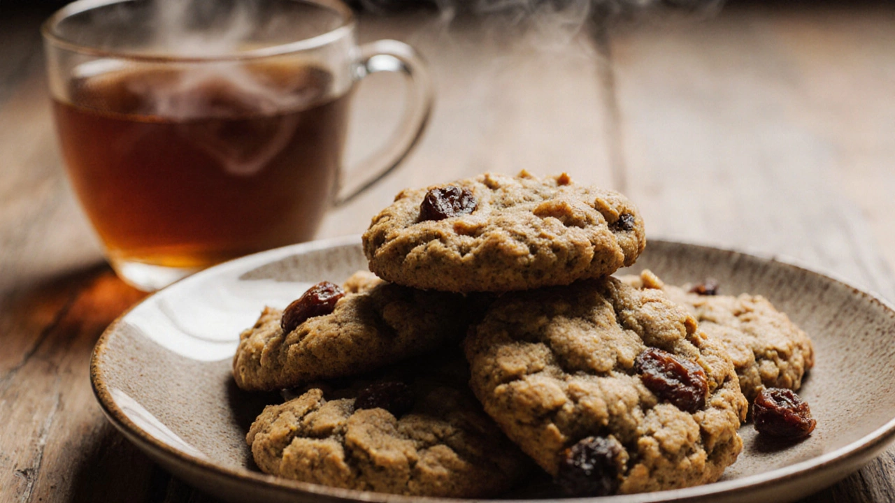 Домашнее овсяное печенье без сахара на керамической тарелке с чашкой чая.