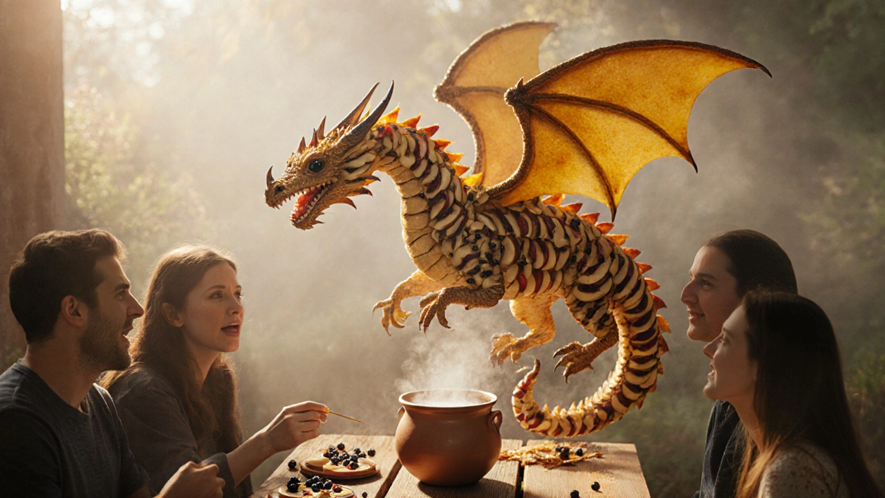 Дракон из еды: слоёный торт, яблоки и ягоды над семейным ужином