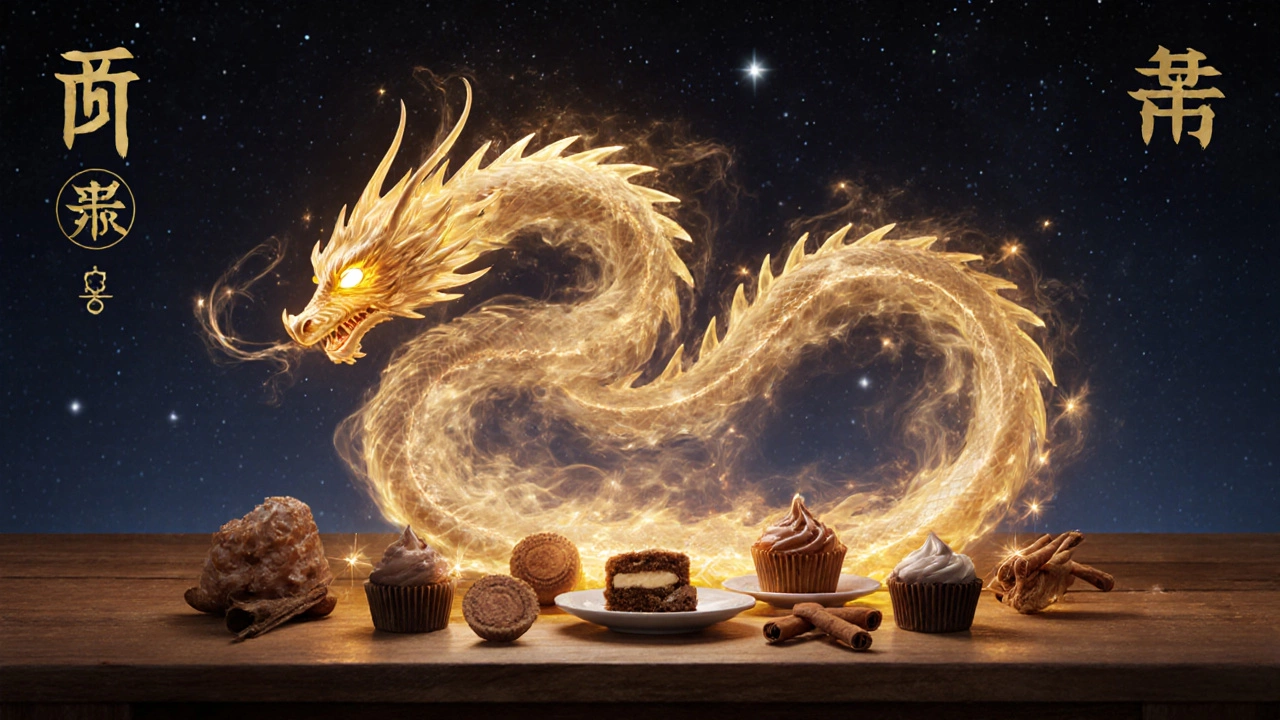 Эфирный дракон из золотого дыма обвивает стол с новогодними сладостями, символизируя удачу и процветание.