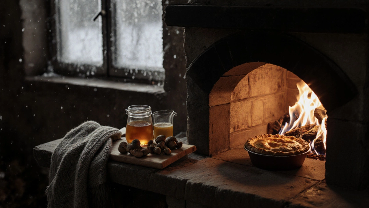 Глиняная печь с пирогом, мёдом и лесными грибами на деревянной доске