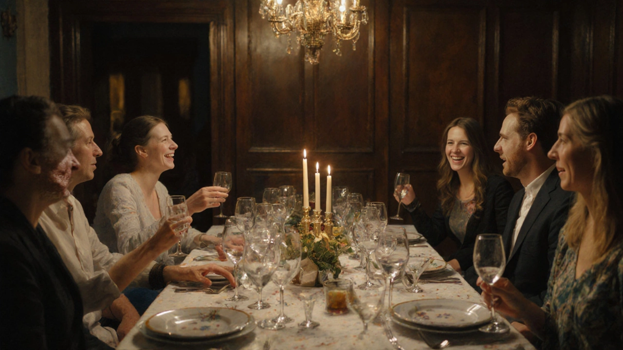 Гости сидят за столом, мягко тянутся к своим бокалам, не путаясь — вода, вино и водка расположены логично и уютно.