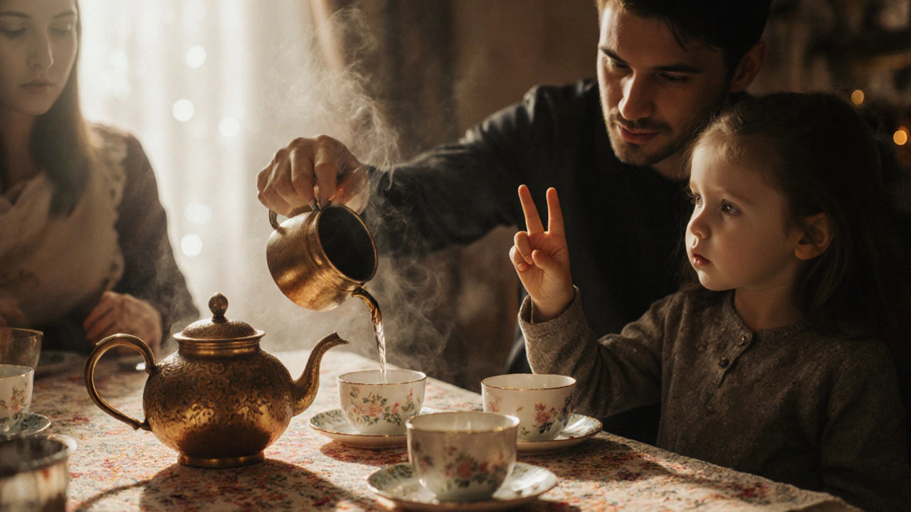 Молодой человек наливает чай ребенку, который готовится постучать по столу в знак благодарности.