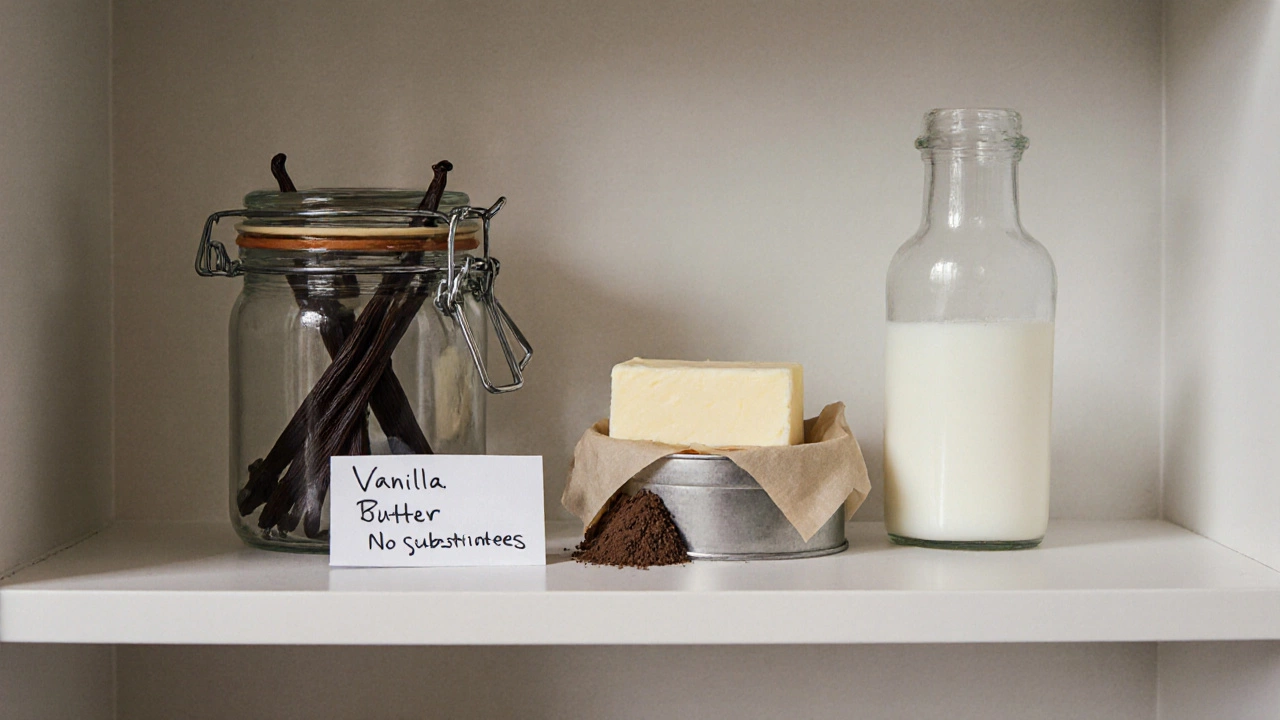 На полке в пекарне стоят банки с ванилью, сливочное масло и сливки в стеклянных бутылках, без добавок.