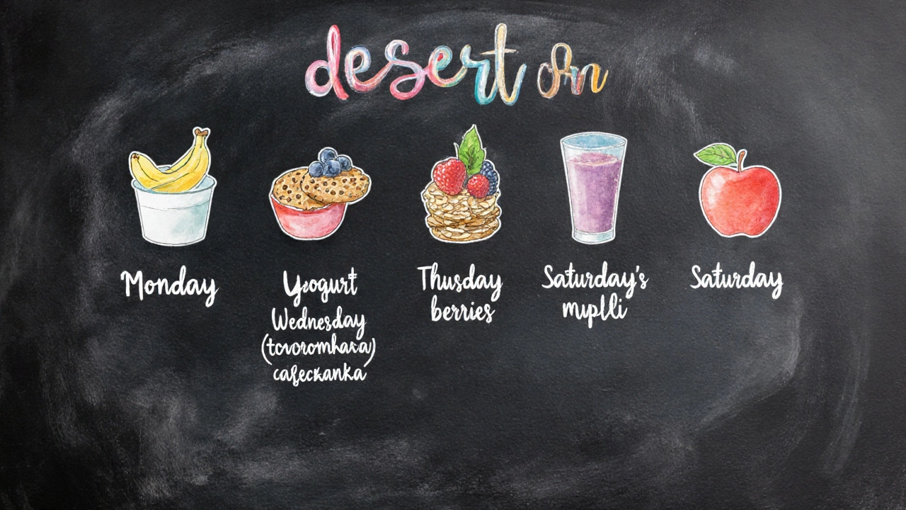 Недельный план полезных десертов для детей в виде рисунков на доске.