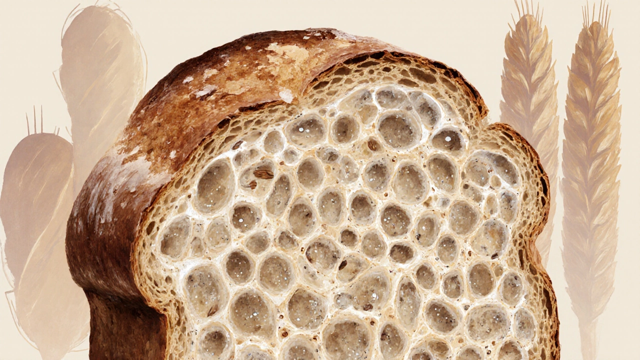 Разрез хлеба с видимой сетью воздушных пузырьков, образованных глютеном, в тёплых тонах.