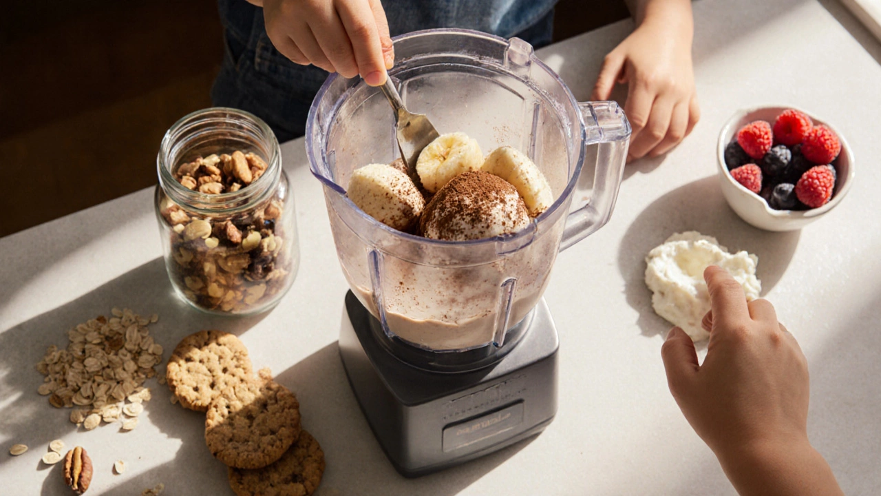 Ребёнок готовит мороженое из замороженных бананов в блендере.