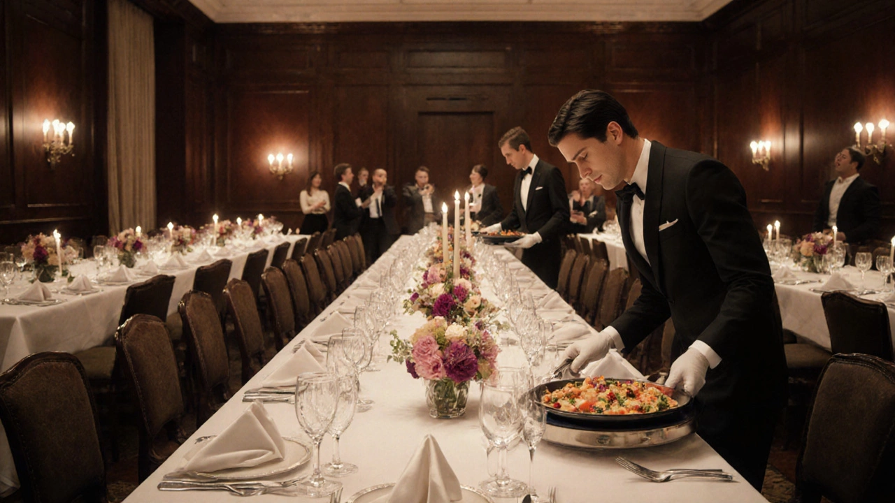 Роскошный банкетный зал вечером: сервировка с хрусталем, свечами и официантами, подающими горячие блюда.
