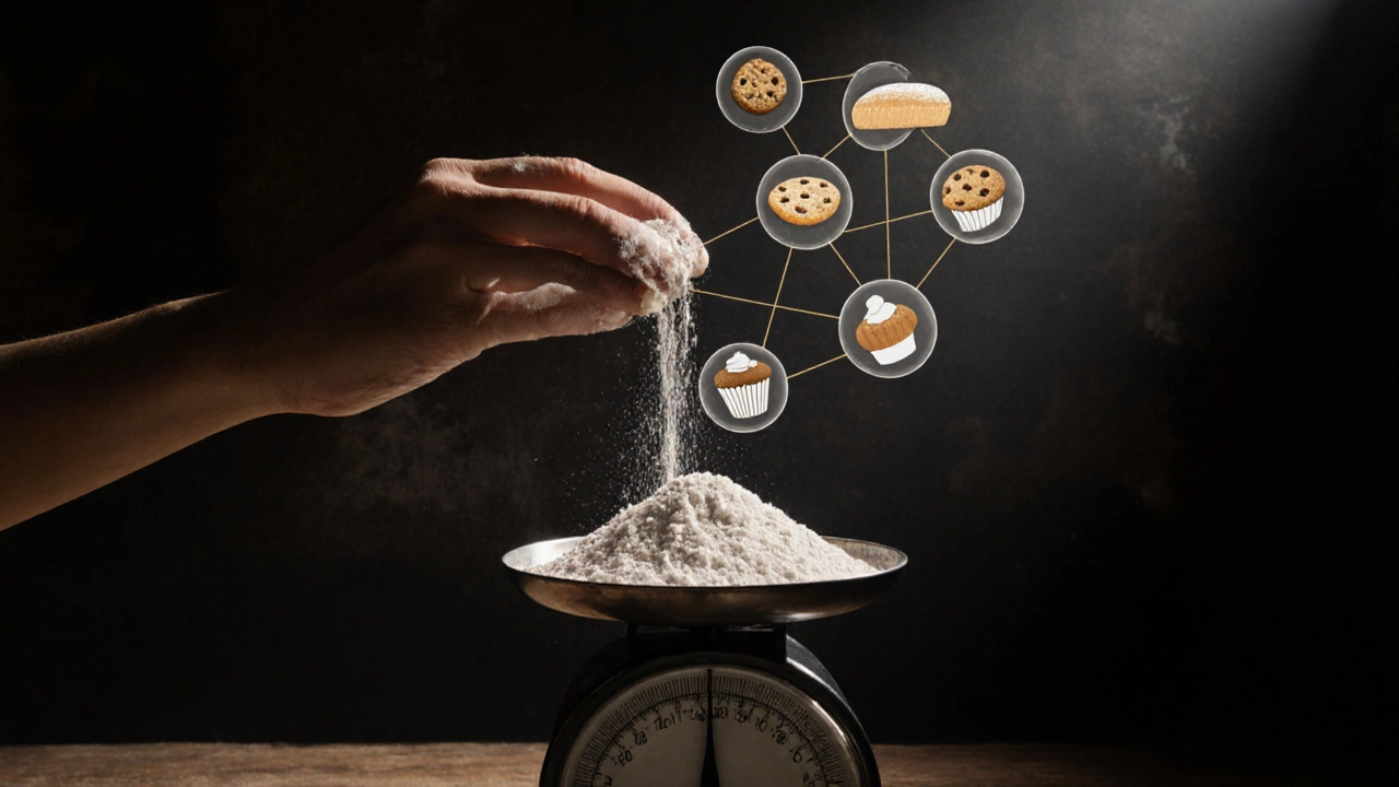 Рука насыпает муку на весы, над ней парят силуэты выпечки, соединённые золотыми нитями.