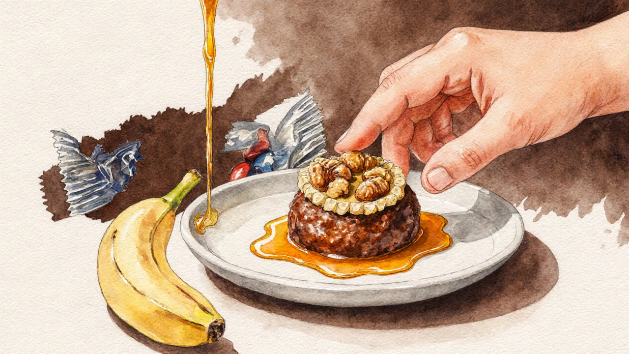 Рука ребёнка кладёт домашний сладкий шарик рядом с бананом, а упаковка конфет исчезает.