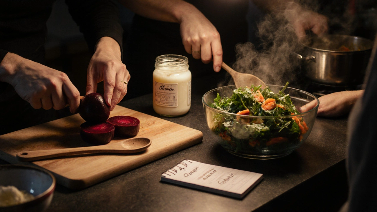 Руки готовят салаты на кухне: чистят свеклу, режут овощи и добавляют заправку.