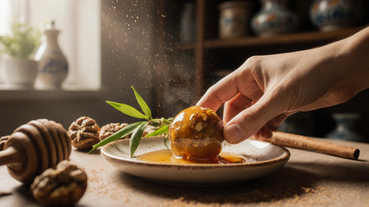 Руки кладут медово-ореховый шарик на керамическую тарелку рядом с грецкими орехами и веточкой бамбука.