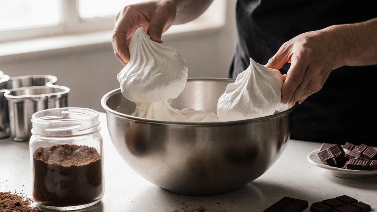 Руки взбивают белки в меренгу, рядом — кусочки настоящего темного шоколада и какао-порошок.