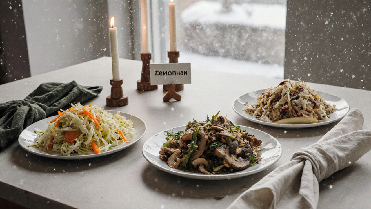 Сезонные салаты на зимнем праздничном столе с свечами и надписью &#039;Сезонный&#039;.