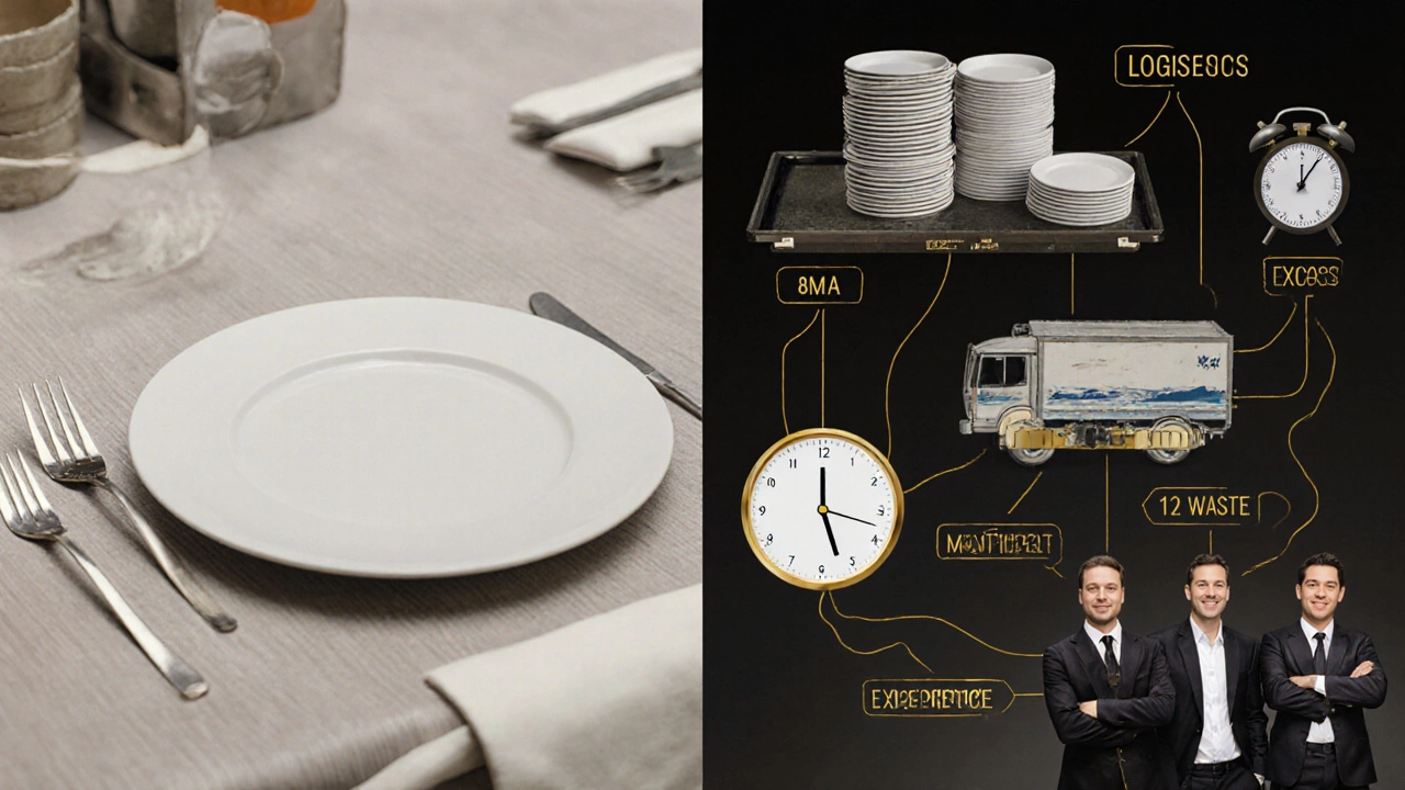 Сравнение скрытых затрат банкета: логистика, посуда, персонал и отходы против простого ресторанный блюда.