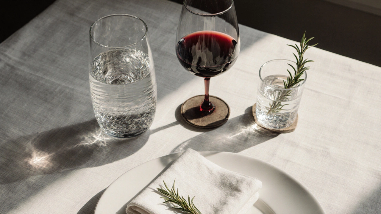 Три бокала на столе: вода, вино и водка — каждый на своём месте, без лишних деталей, с розмарином как меткой.