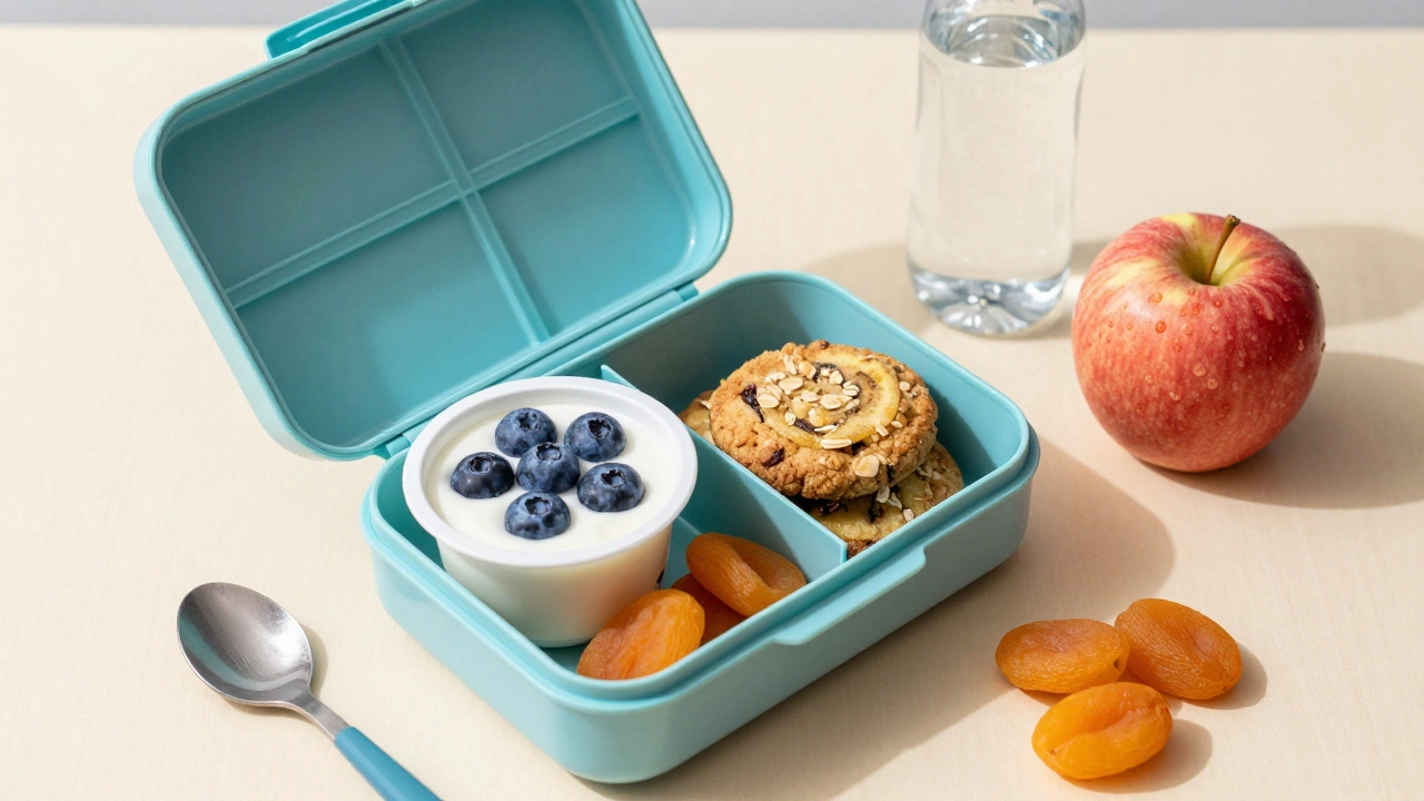 Детский обеденный ланчбокс с полезными сладостями: йогурт с ягодами, печенье и сушёные фрукты.