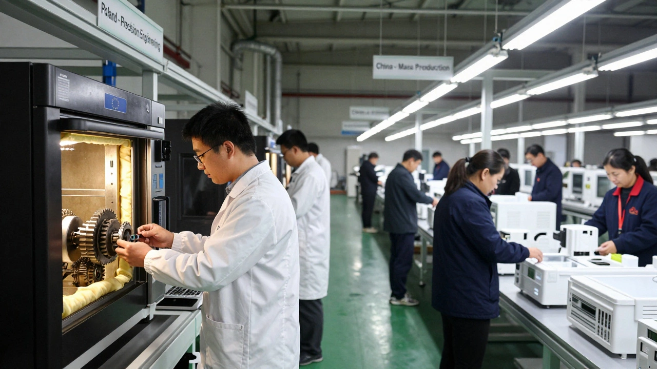 Две сборочные линии: в Польше — техники с металлическими деталями, в Китае — с пластиком, надписи о производстве.
