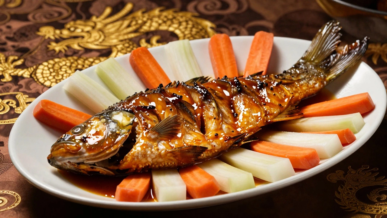 Филе рыбы в соусе с кубиками моркови, поданное как символ плавного движения.