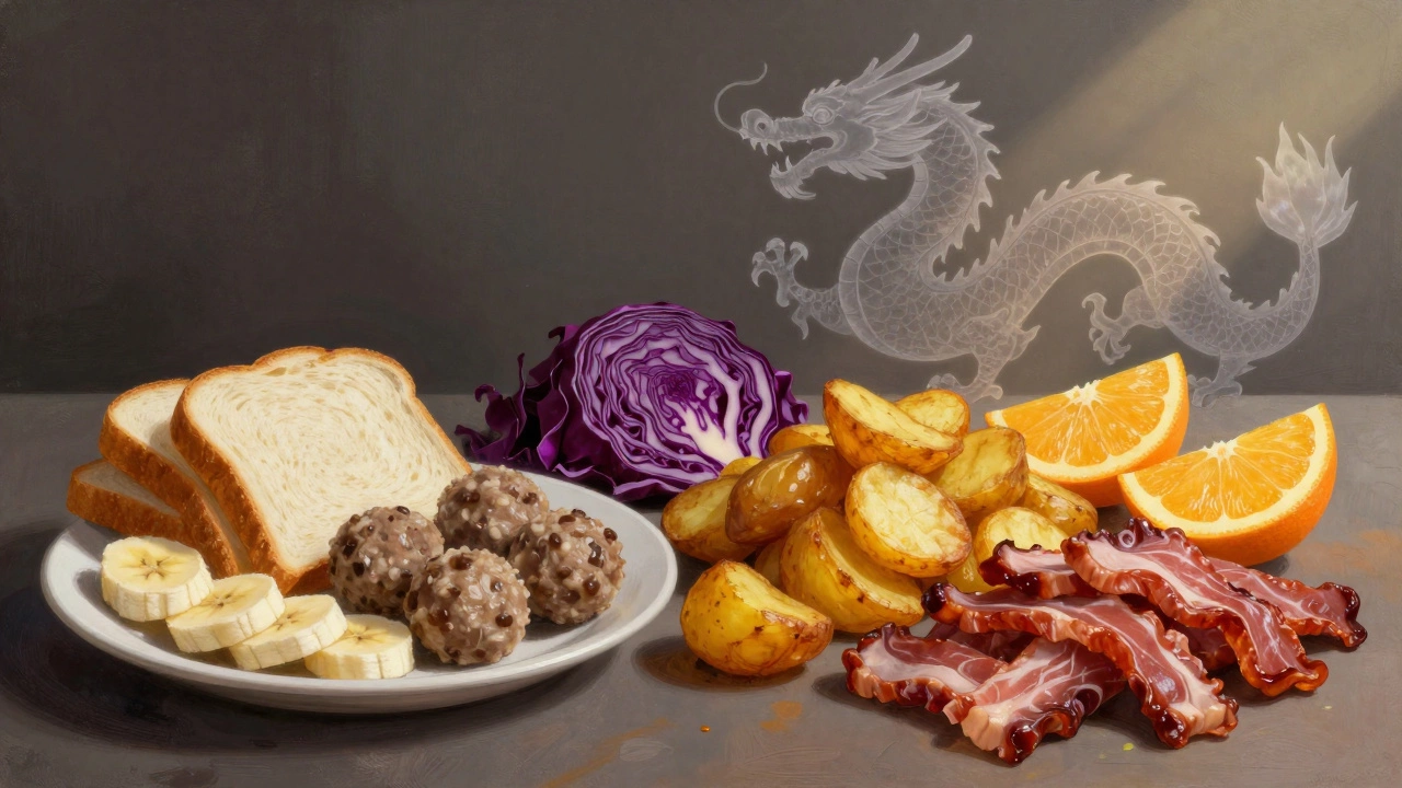 Контраст: белый хлеб и бананы в тени против золотых и красных блюд на свету.