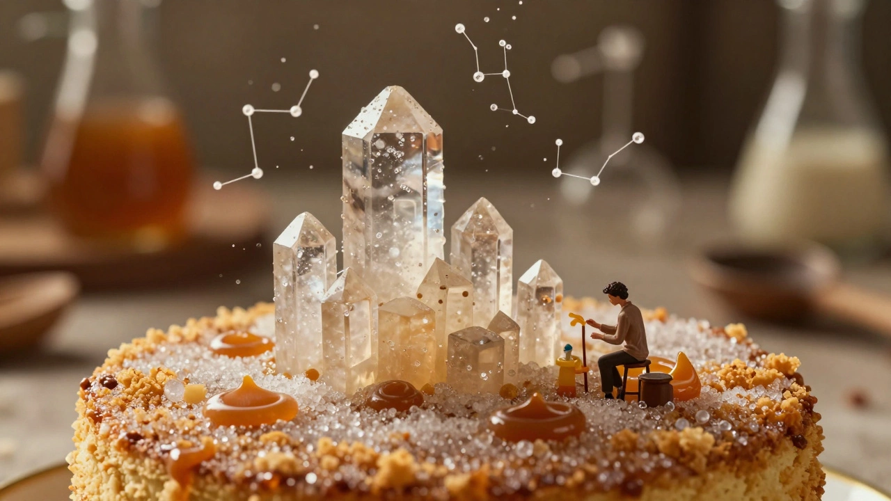Кристалл сахара превращается в архитектуру внутри торта, с воздушными пузырьками и карамельными оттенками.