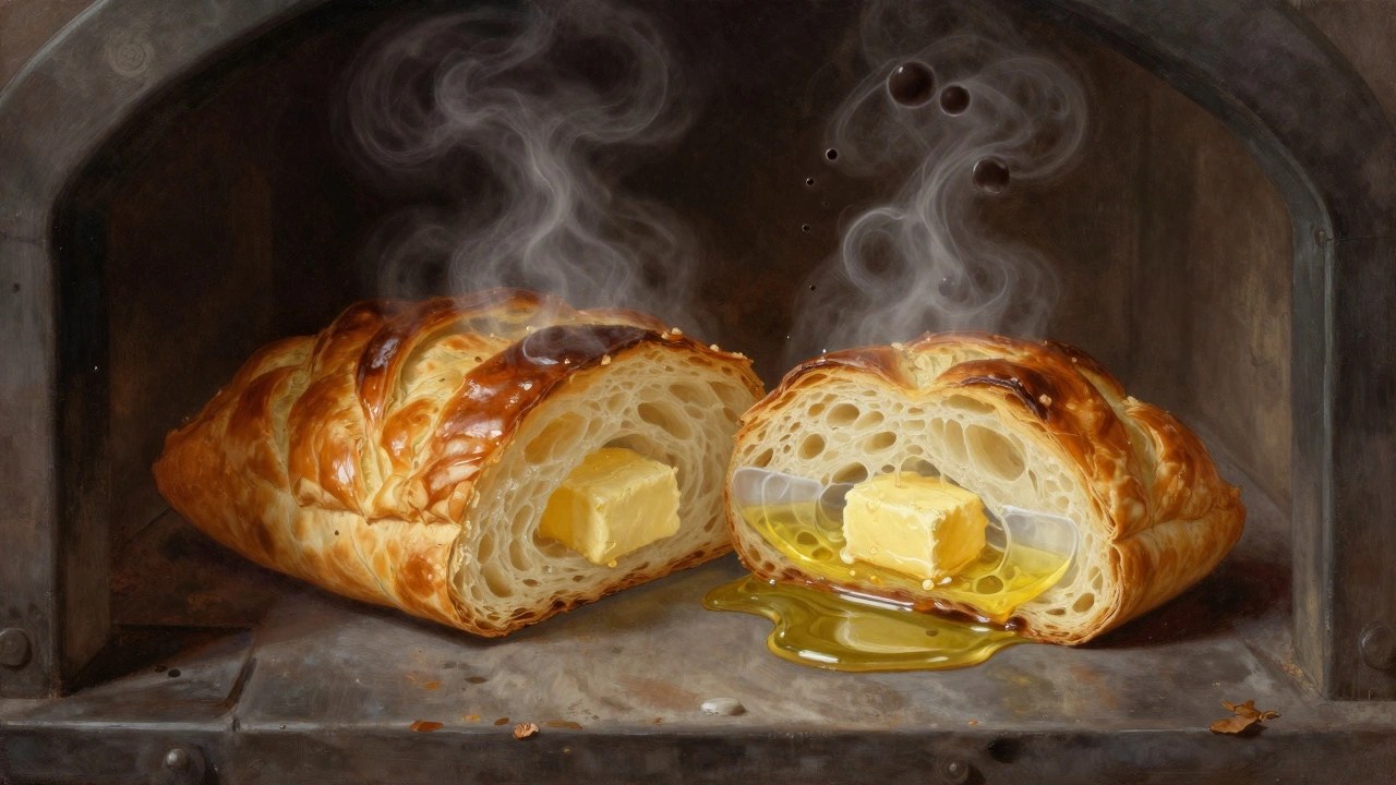 Пирог в духовке с разрезом, показывающим воздушную текстуру от сливочного масла и дым от подсолнечного.
