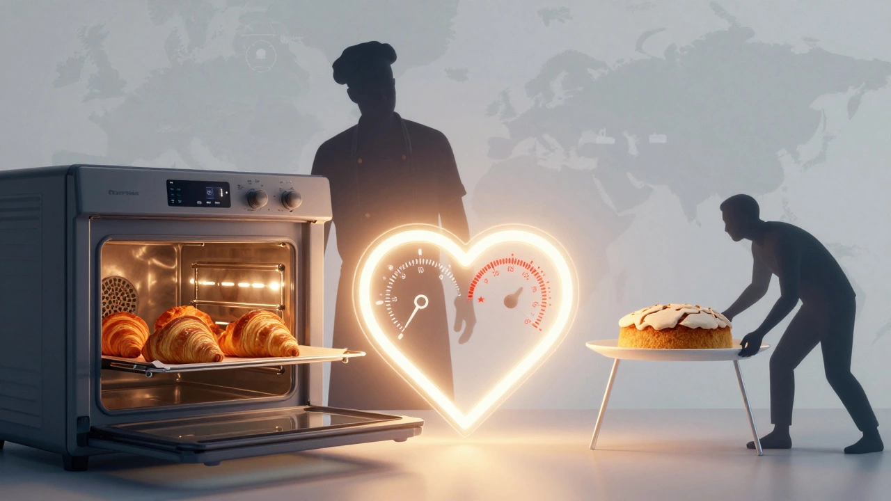 Прозрачная духовка с термостатом: один показатель стабилен, другой колеблется, за ней — пекарь с идеальным хлебом и испорченным пирогом.