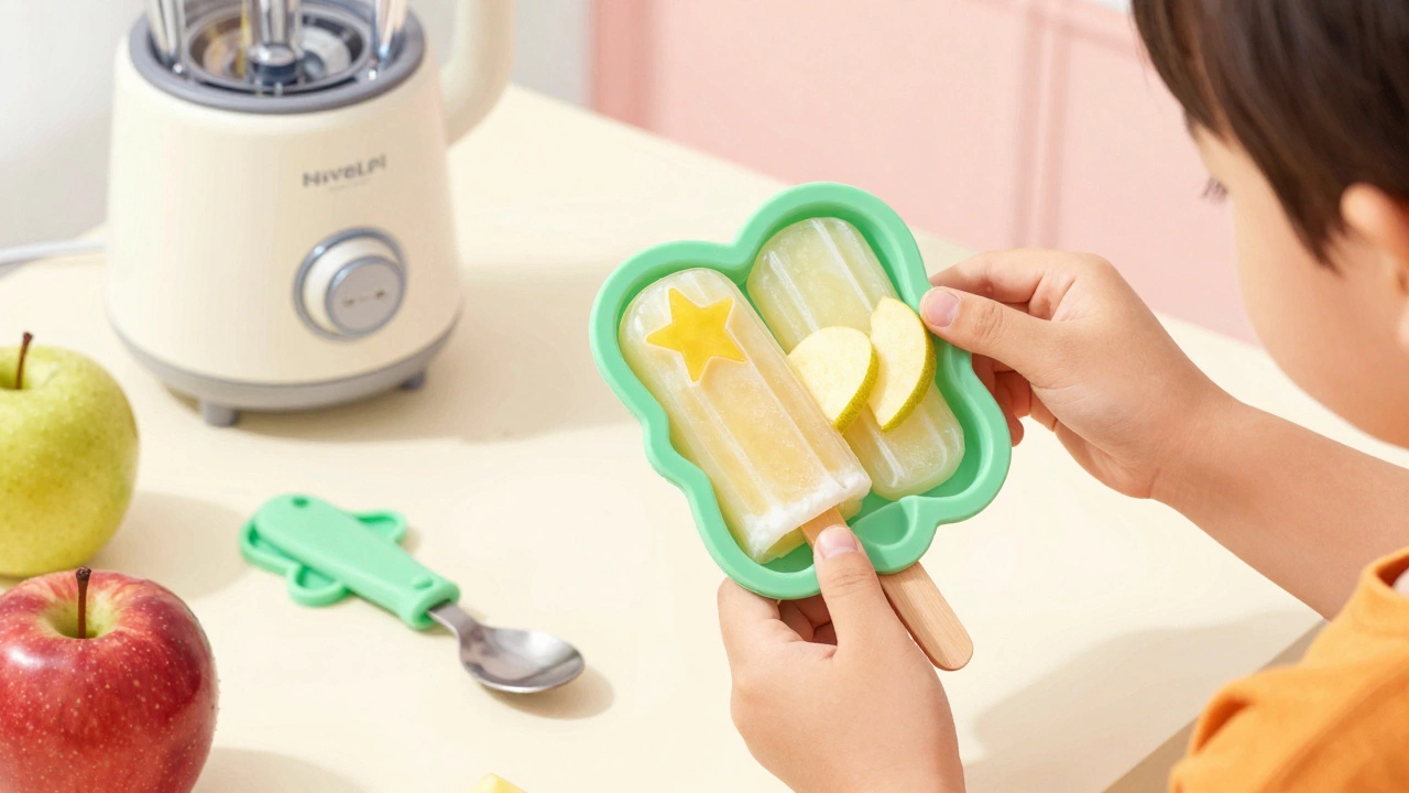 Ребёнок делает фруктовые леденцы в формочках с фруктовым пюре.