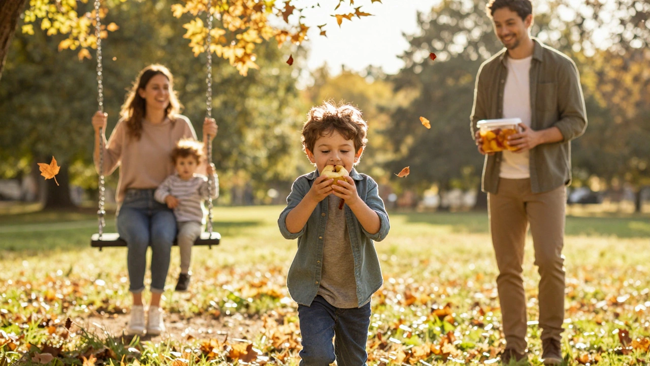 Ребёнок ест запечённое яблоко в парке в солнечный субботний день.