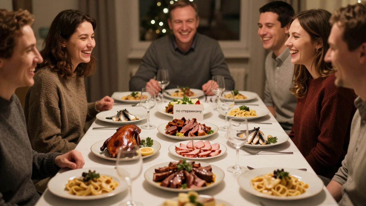 Семья выбирает лёгкие блюда на Новый год, свинина подана как дополнение