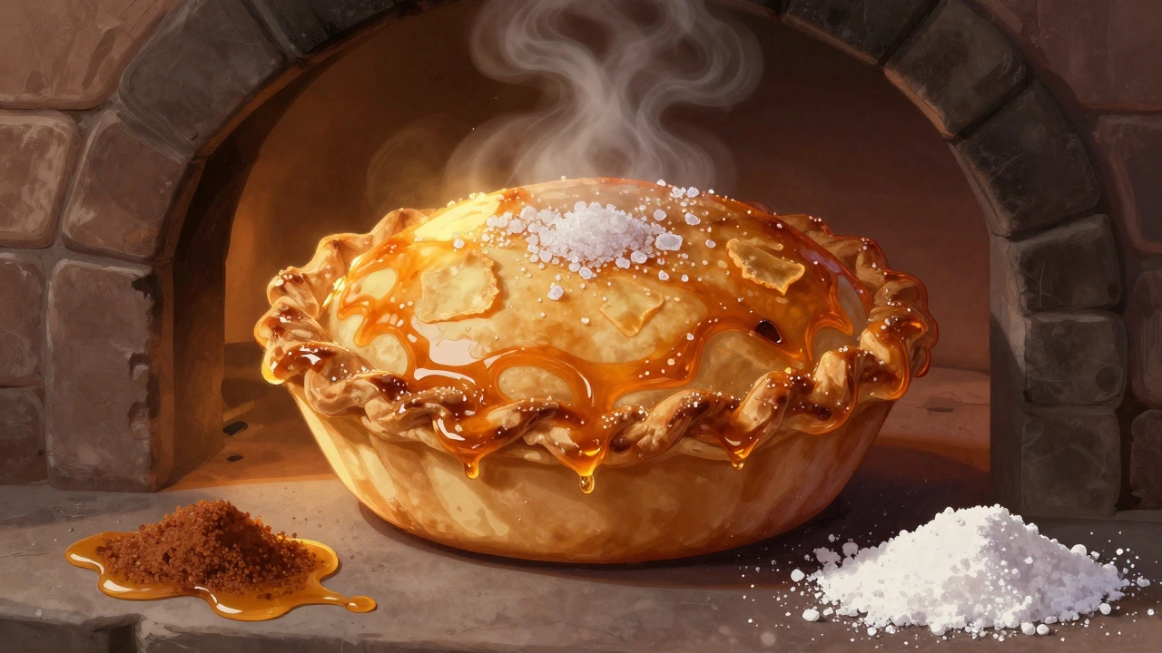 Традиционный пирог из Казани с золотистой корочкой, вокруг разные виды сахара и мёд.