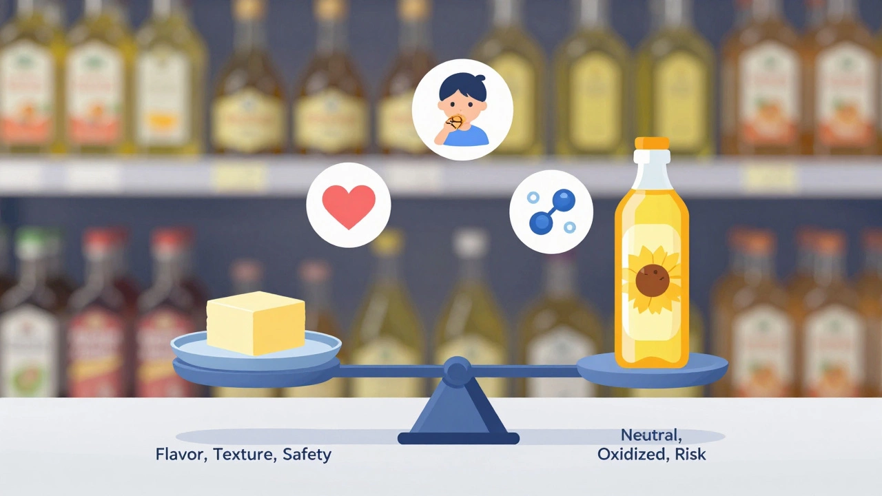 Весы с маслом и маслом, символы вкуса, безопасности и риска вокруг, минималистичный стиль.