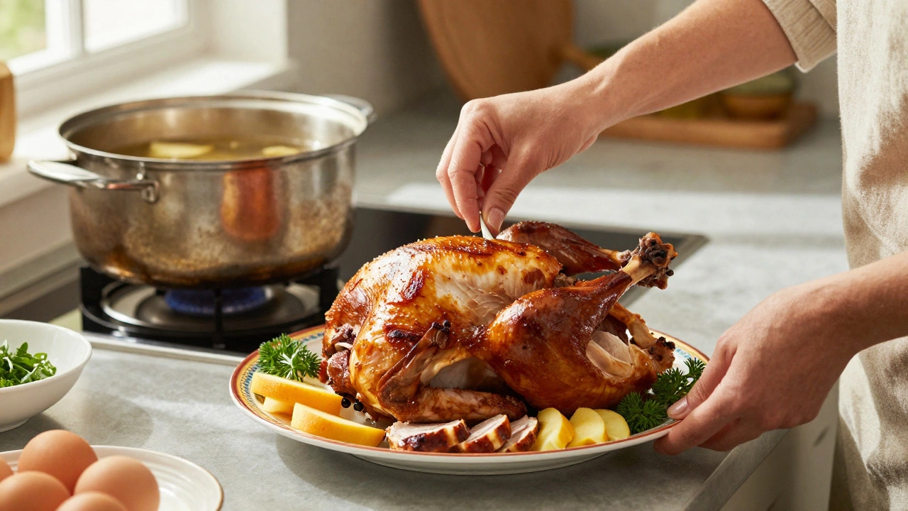 Женщина удаляет кости из запечённой индейки на кухонной стойке